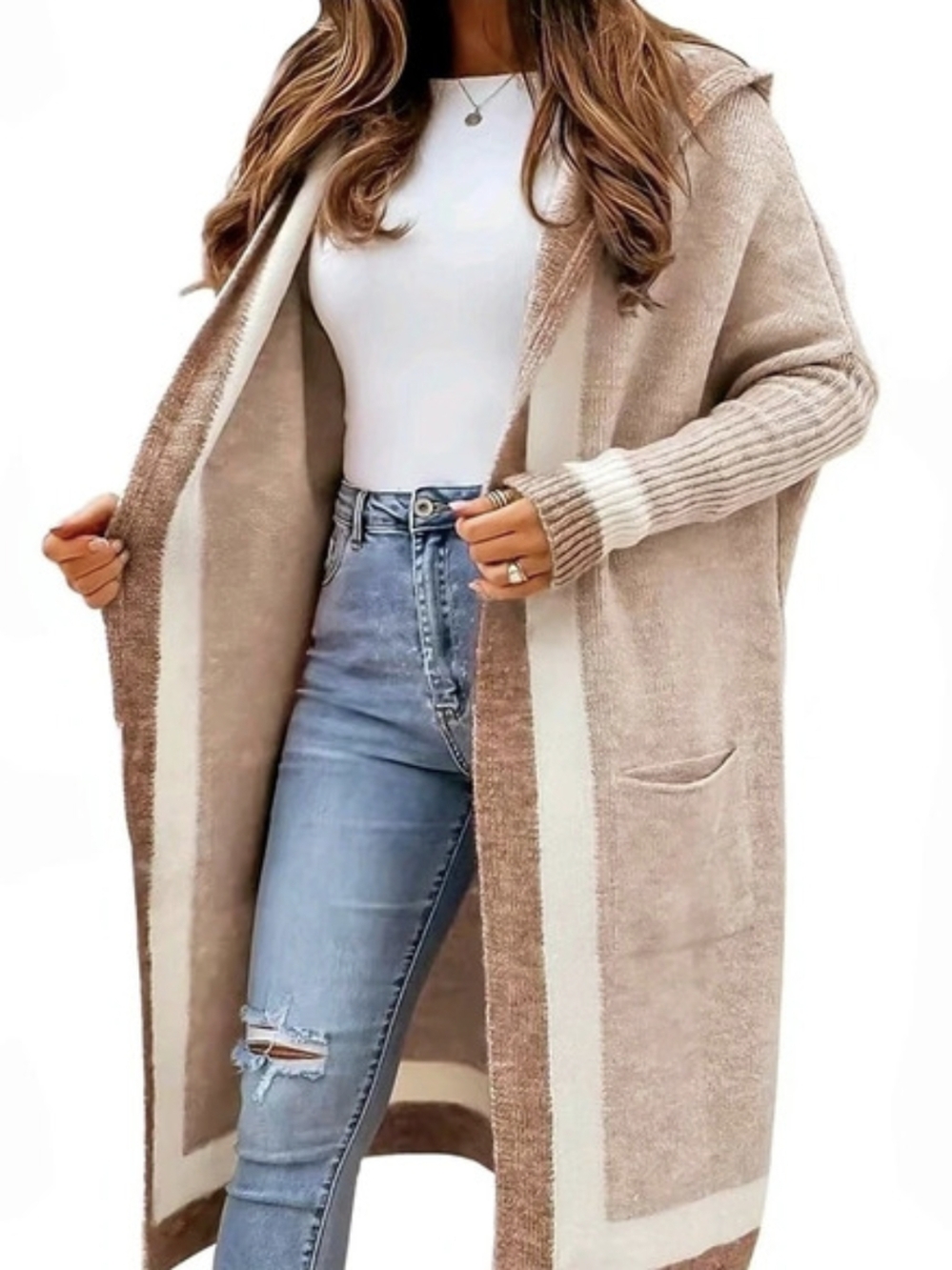 Color Block Hooded Long Cardigan Brown Medium Like New